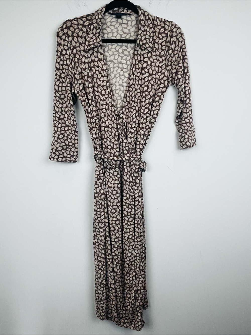 Boden Wrap Dress Brown Cream Leaf Print Midi Jersey 12L
